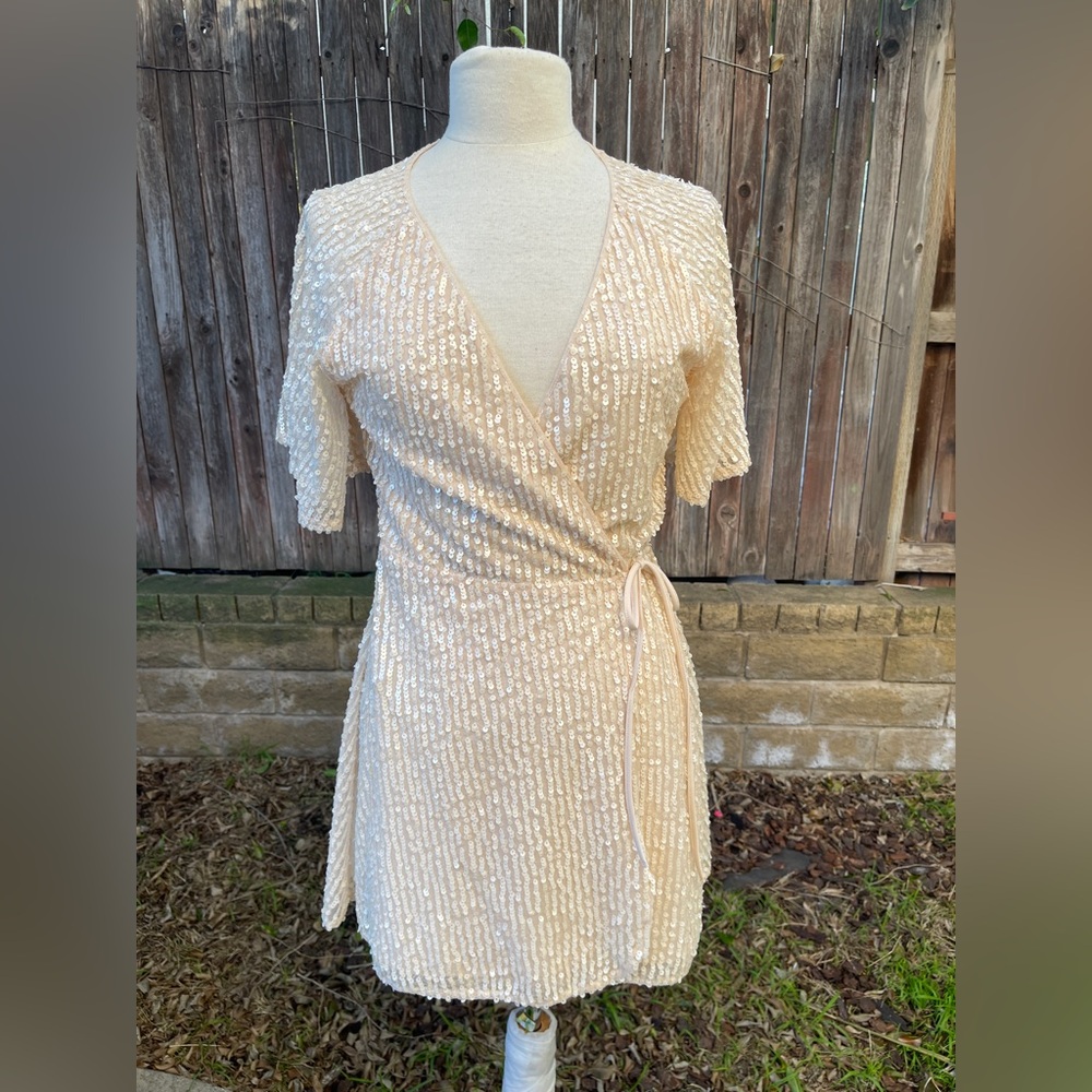 Zara Blush soft pink Sequin Mini wrap Dress party home coming prom ballerina L